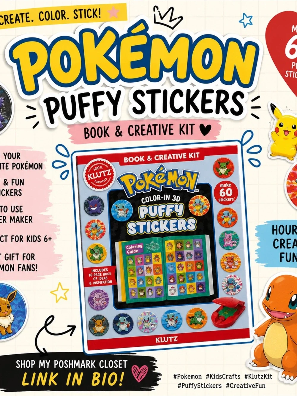 Pokemon Puffy Stickers Book & Creative Kit - Yellow, Blue, Red, White, Black